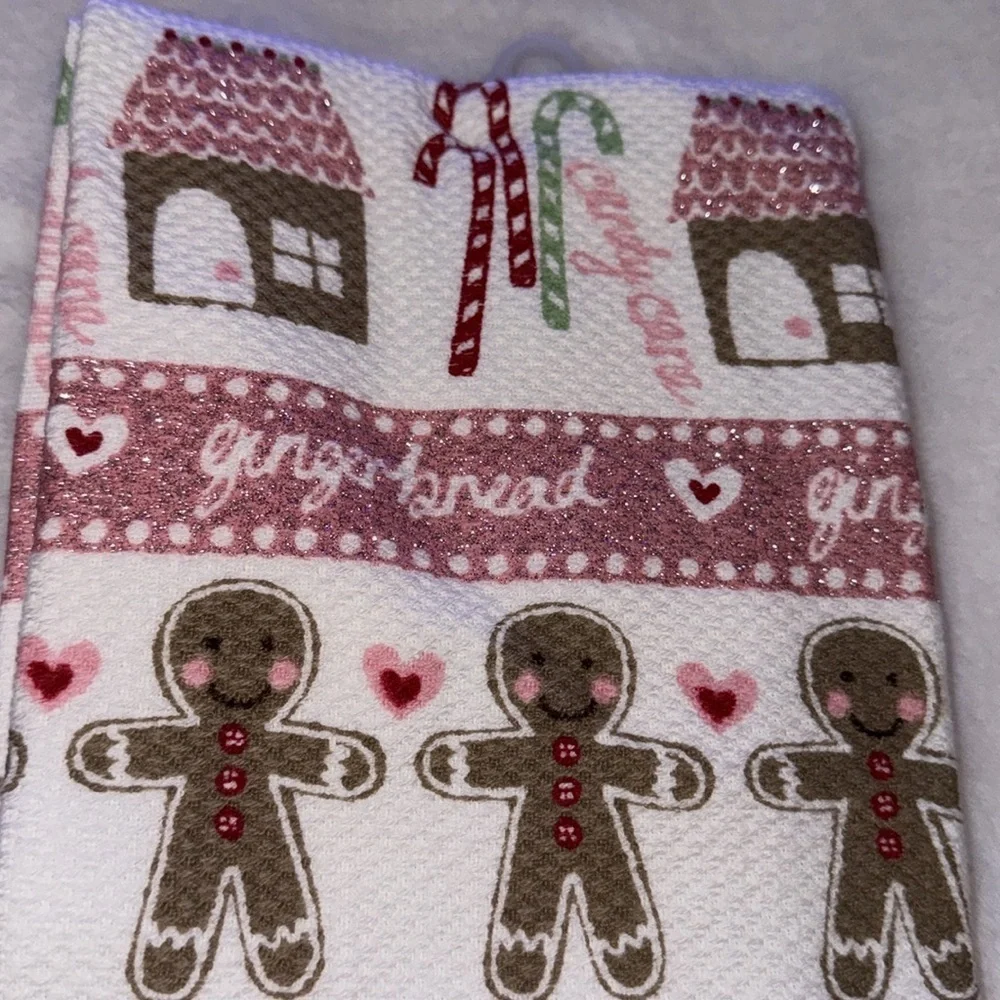 Pink Christmas Gingerbread Kitchen Towel Pastel Hand Dish Towel sparkling